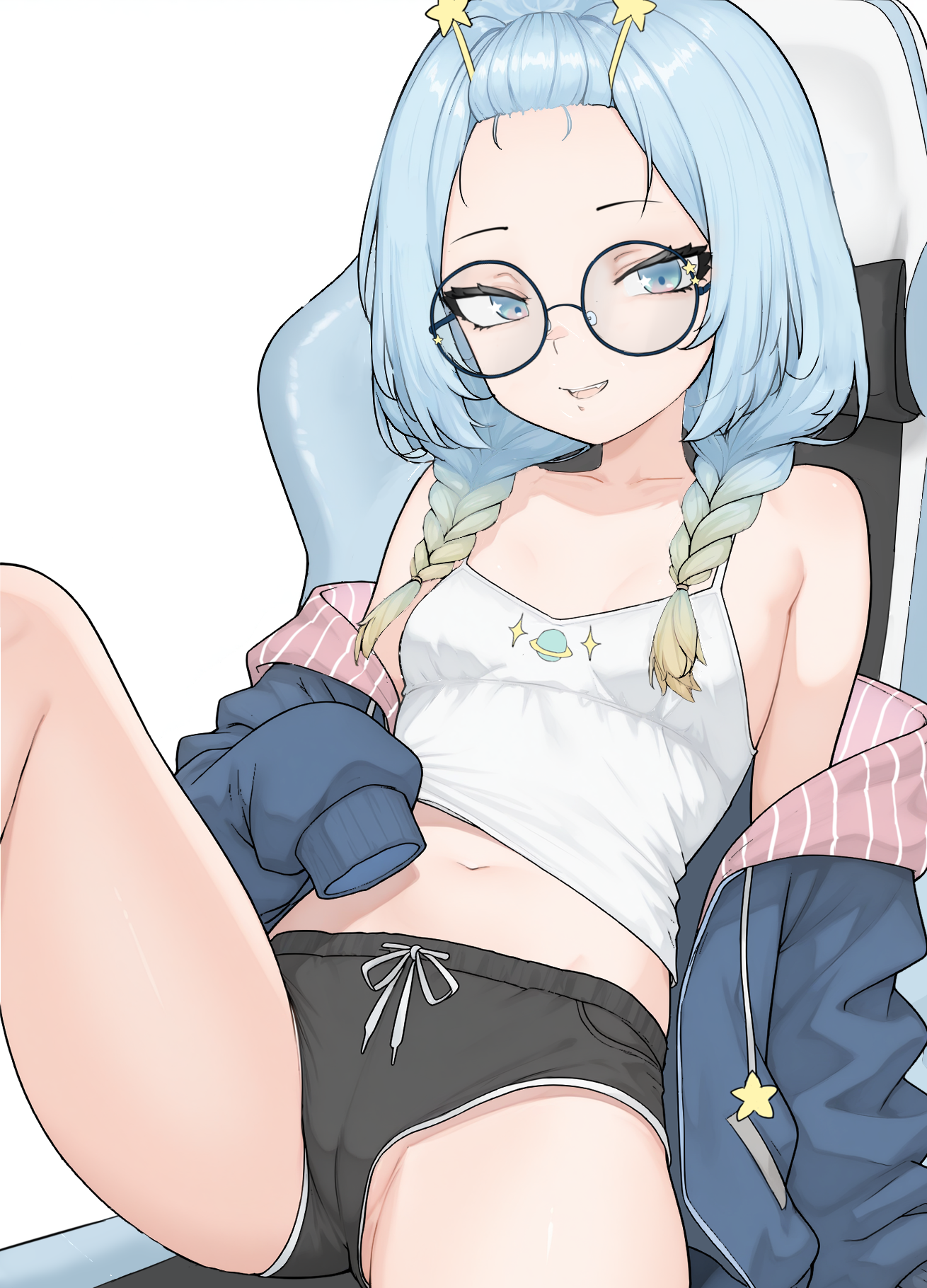 gd146, jelly hoshiumi, phase connect, commentary, highres, 1girl, :d, bangs pinned back, black panties, blue eyes, blue hair, boyshort panties, braid, breasts, cameltoe, camisole, chair, drawstring, fangs, forehead, gaming chair, long sleeves, looking at viewer, midriff, navel, off shoulder, open mouth, panties, reclining, round eyewear, simple background, sleeves past wrists, small breasts, smile, solo, star (symbol), swivel chair, twin braids, underwear, virtual youtuber, white background, white camisole