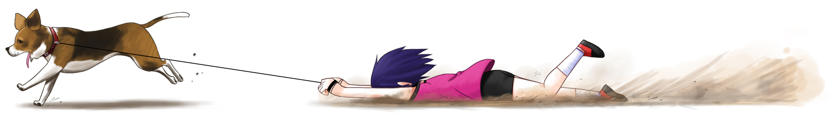 oyatsu (mk2), bad id, bad pixiv id, highres, long image, wide image, 1girl, black hair, blouse, collar, dog, dragging, female focus, kneehighs, leash, pet walking, pink shirt, running, shirt, short hair, socks, solo, white background