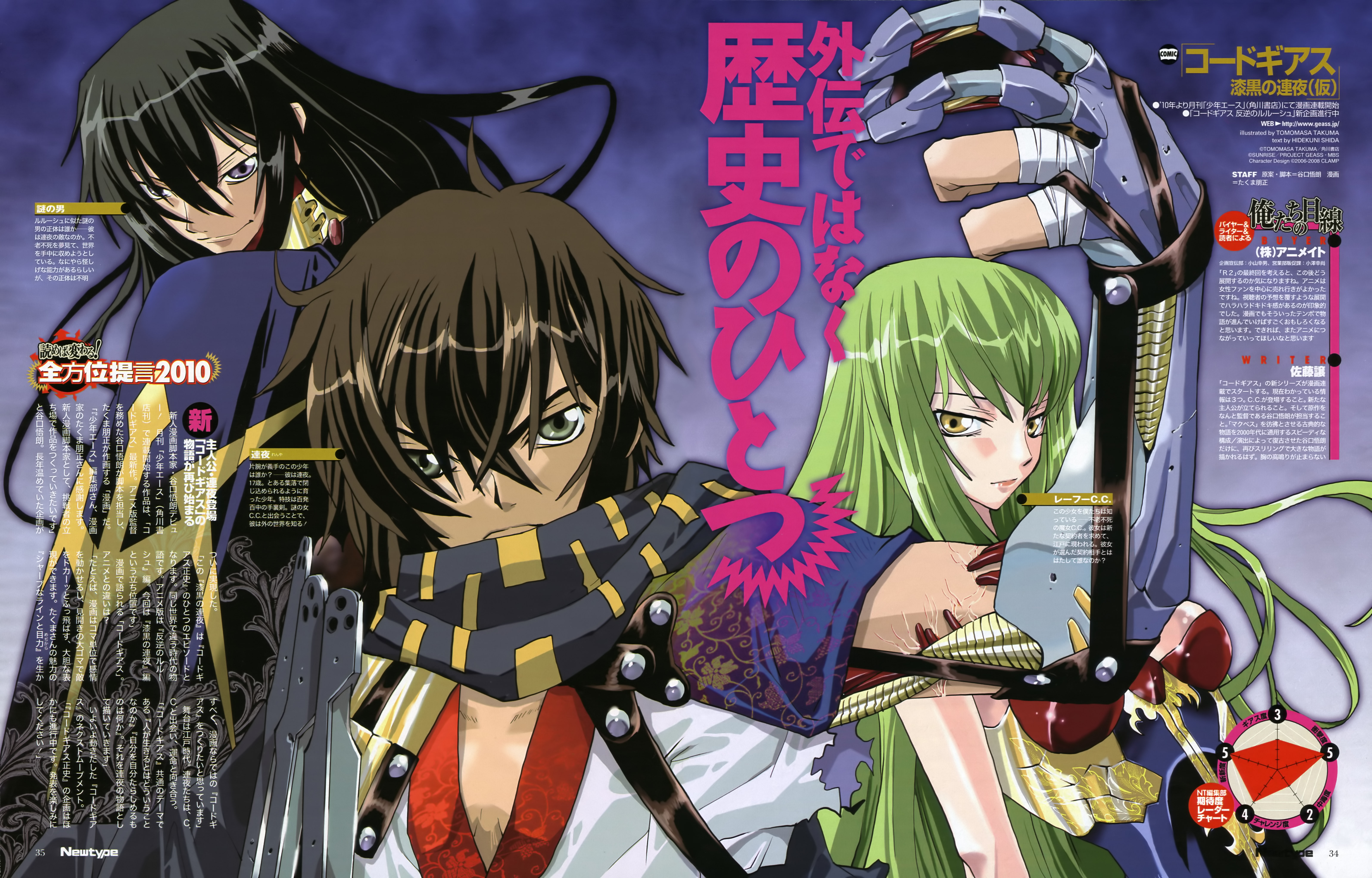 takuma tomomasa, c.c., mystery man (code geass), renya (code geass), code geass, code geass: shikkoku no renya, newtype, absurdres, highres, magazine scan, scan, source request, translation request, 10s, 1girl, 2010, 2boys, ahoge, armor, bandages, black hair, breasts, cape, green eyes, green hair, large breasts, lips, long hair, multiple boys, prosthesis, purple eyes, scarf, smile, sword, weapon, yellow eyes