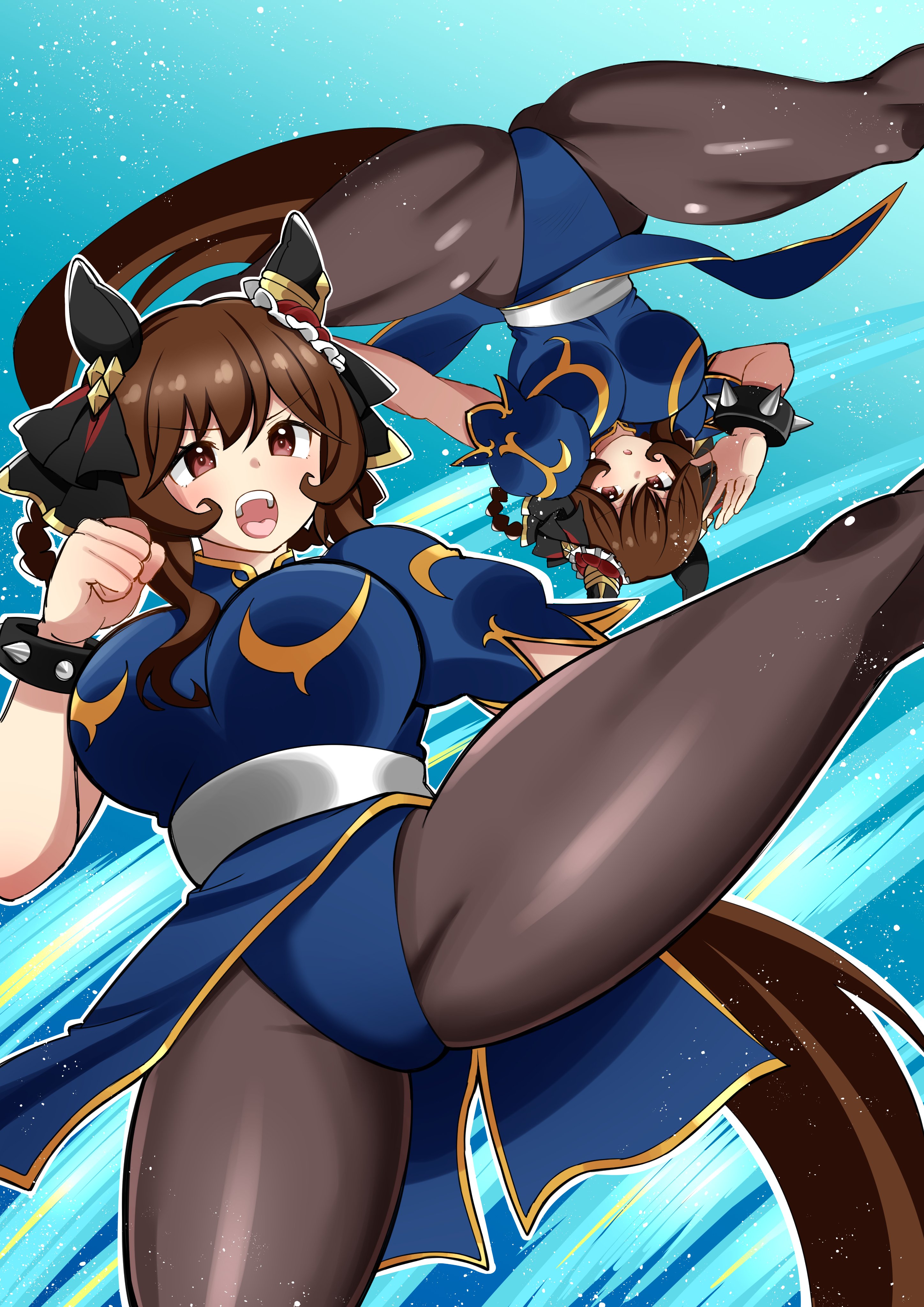 aramori susumu, chun-li, gentildonna (umamusume), capcom, street fighter, umamusume, absurdres, commentary, english commentary, highres, 1girl, animal ears, blue bodysuit, blush, bodysuit, bracelet, braid, braided hair rings, breasts, brown hair, china dress, chinese clothes, chun-li (cosplay), cosplay, dress, ear covers, ear ornament, fighting stance, hair between eyes, hair bun, hair ornament, hair rings, heart-shaped ornament, heart ear ornament, horse ears, horse girl, horse tail, jewelry, large breasts, pantyhose, pelvic curtain, red eyes, simple background, single ear cover, solo, spiked bracelet, spikes, studded bracelet, tail, thick thighs, thighs, unitard