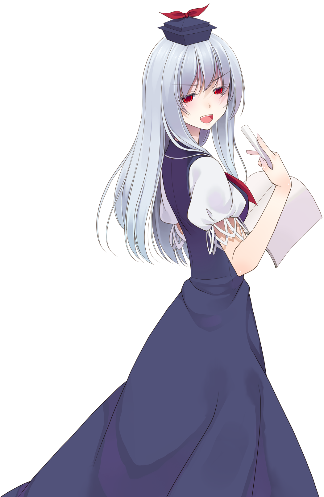 crote, kamishirasawa keine, touhou, commentary request, highres, large variant set, variant set, 1girl, :d, blue dress, blue hat, blush, book, chalk, cowboy shot, dress, fingernails, from side, grey hair, half-closed eyes, hand up, hat, holding, holding chalk, long dress, long hair, looking at viewer, looking back, open mouth, puffy short sleeves, puffy sleeves, red eyes, shirt, short sleeves, sleeveless, sleeveless dress, smile, solo, standing, teeth, transparent background, turning head, upper teeth only, v-shaped eyebrows, white shirt