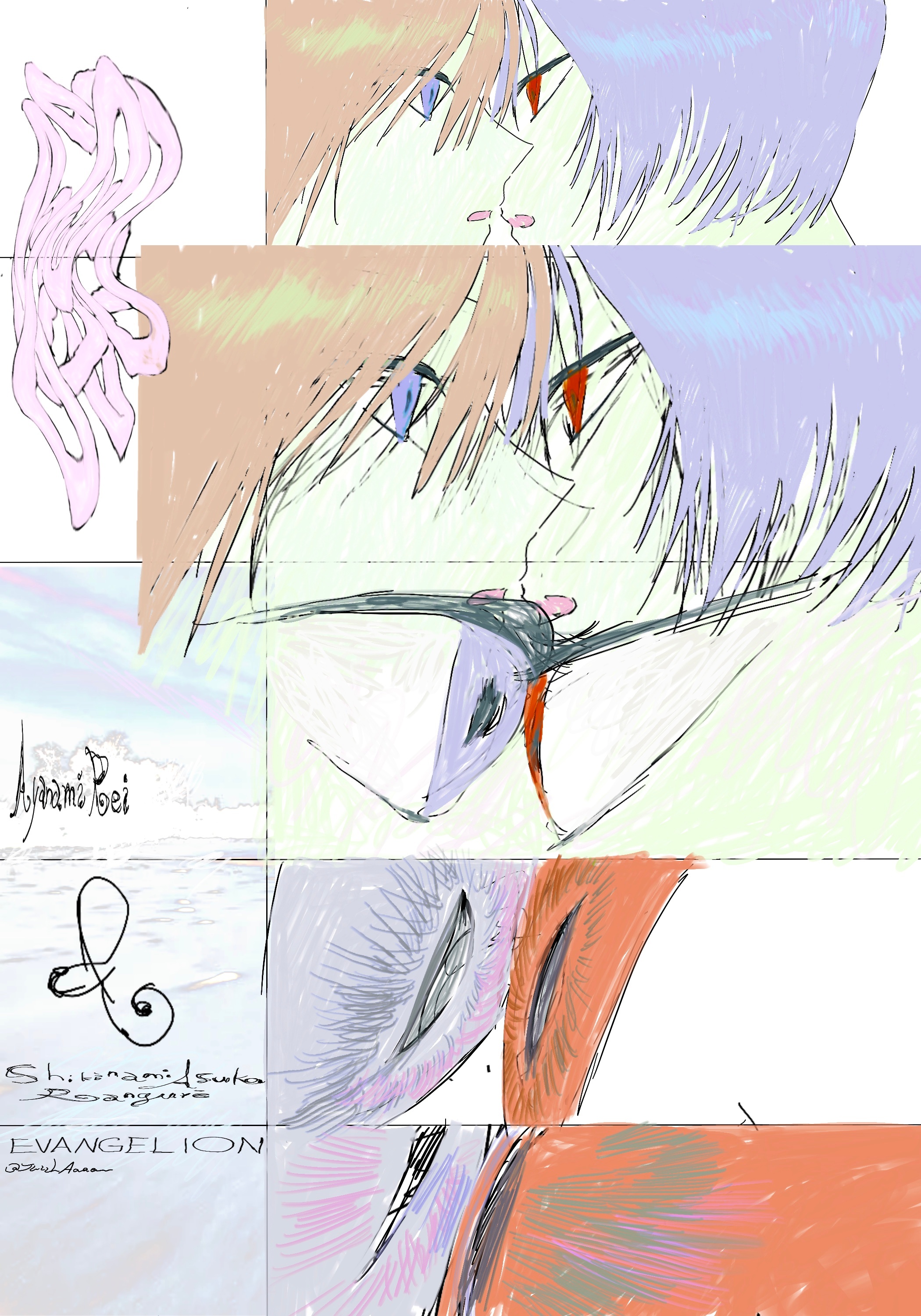 ayanami rei, souryuu asuka langley, neon genesis evangelion, absurdres, commentary, highres, 2girls, blue eyes, blue hair, character name, close-up, collage, copyright name, eye focus, face-to-face, forehead-to-forehead, from side, hair between eyes, hair over eyes, heads together, long hair, multiple girls, multiple views, open mouth, orange hair, parted bangs, red eyes, short hair, surreal, tuizhaaaa, twitter username