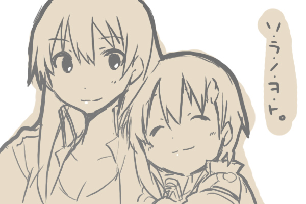 yuuto (p.a.), kazumiya rio, sorami kanata, sora no woto, 2girls, breasts, cleavage, closed eyes, greyscale, monochrome, multiple girls, simple background, smile, white background