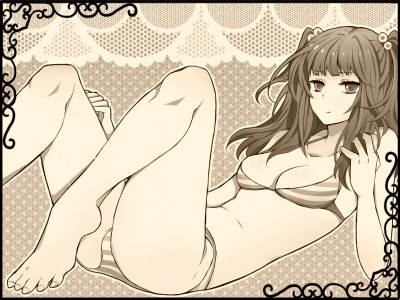 melt (artist), ushiromiya ange, umineko no naku koro ni, bad id, bad pixiv id, 1girl, bad feet, barefoot, bikini, breasts, feet, female focus, hair bobbles, hair ornament, legs, legs up, lying, monochrome, on back, sepia, solo, swimsuit, twintails, two side up