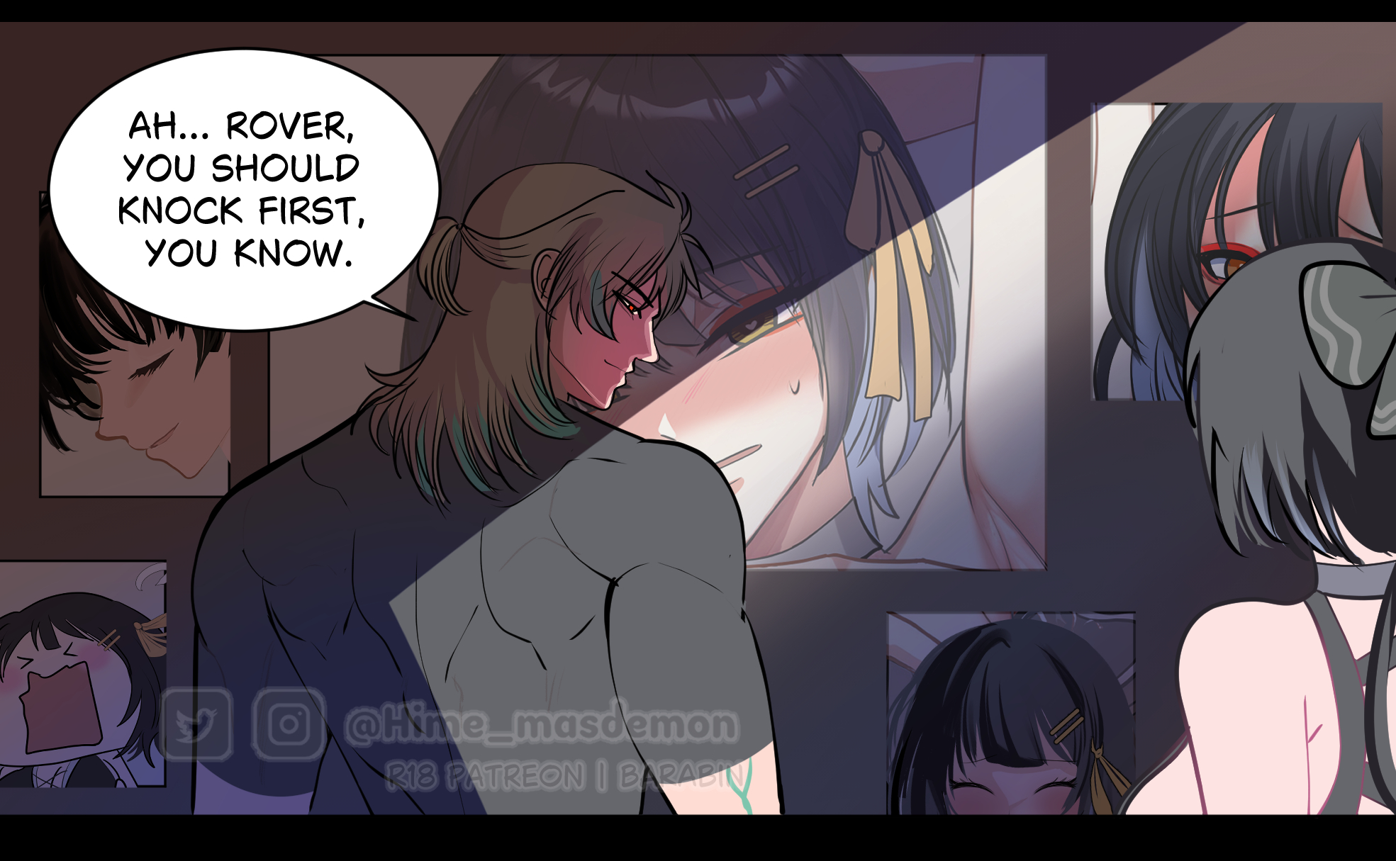 barabin, female rover (wuthering waves), luuk herssen (wuthering waves), rover (wuthering waves), wuthering waves, commentary, highres, paid reward available, symbol-only commentary, 1boy, 1girl, aqua hair, black bow, black hair, black shirt, blonde hair, bow, breasts, hair bow, large breasts, long hair, looking back, multicolored hair, patreon username, poster (object), shirt, short sleeves, streaked hair, twitter username