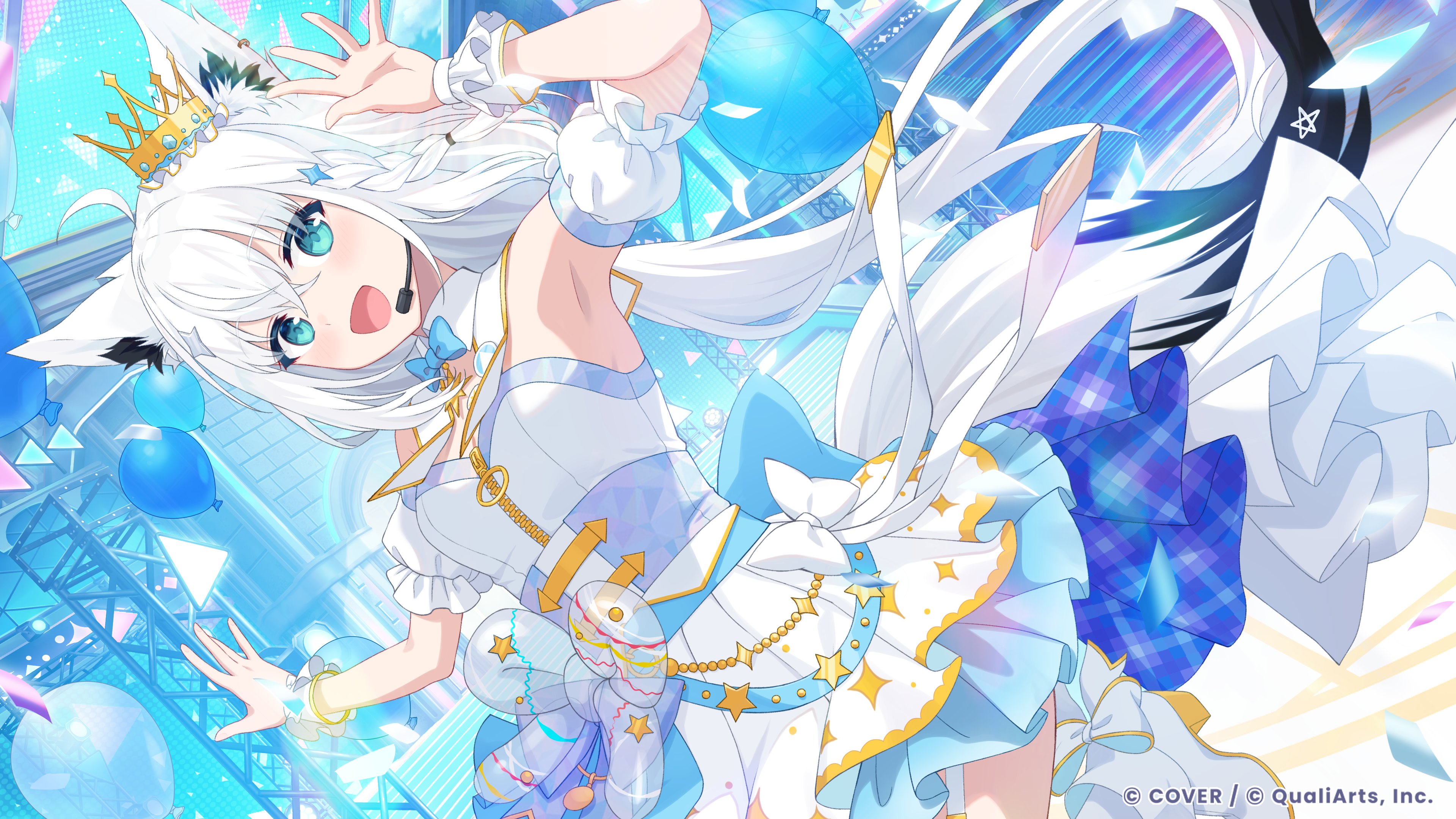 shirakami fubuki, hololive, absurdres, commentary request, highres, official art, 1girl, :d, ahoge, animal ear piercing, animal ears, armpits, back bow, balloon, blue bow, blue bowtie, blue skirt, bow, bowtie, braid, breasts, concert, confetti, copyright name, crossed bangs, crown, detached collar, detached sleeves, double-parted bangs, dress, dutch angle, fox ears, fox girl, fox tail, gold crown, hair between eyes, hand up, headset, hololive dreams, long hair, looking at viewer, low ponytail, mini crown, official alternate costume, open mouth, outdoors, pentagram, pleated dress, ponytail, puffy detached sleeves, puffy short sleeves, puffy sleeves, short sleeves, side braid, single braid, skirt, skirt under dress, sleeveless, sleeveless dress, small breasts, smile, solo, strapless, strapless dress, tail, virtual youtuber, waist bow, white dress, white hair, wrist cuffs