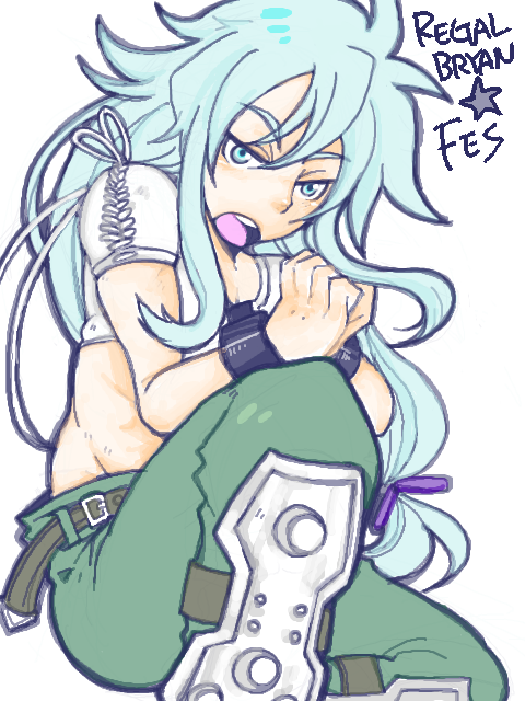 regal bryan, tales of (series), tales of symphonia, 00s, 1boy, blue eyes, blue hair, cuffs, long hair, male focus, matching hair/eyes, oekaki, open mouth, shackles, simple background, solo, white background