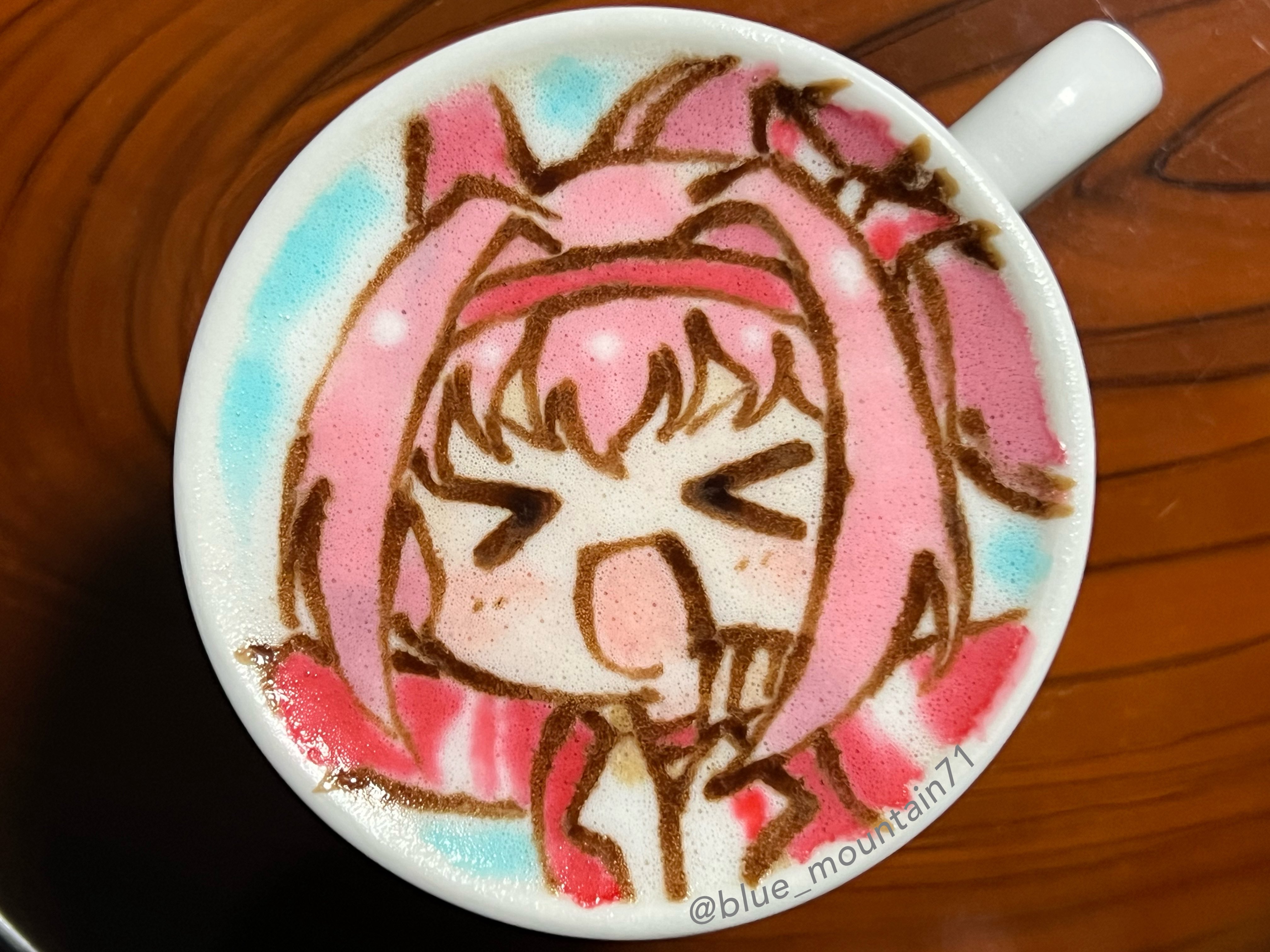 blue mountain71, haru urara (umamusume), umamusume, absurdres, commentary, food art (medium), highres, latte art (medium), unconventional media, > <, 1girl, :d, animal ears, blush, cappuccino, chibi, chibi only, closed eyes, hair intakes, headband, horse ears, horse girl, jacket, latte art, long hair, open mouth, pink hair, portrait, red headband, red jacket, smile, solo, tracen training uniform, track jacket, twitter username, v-shaped eyebrows, xd