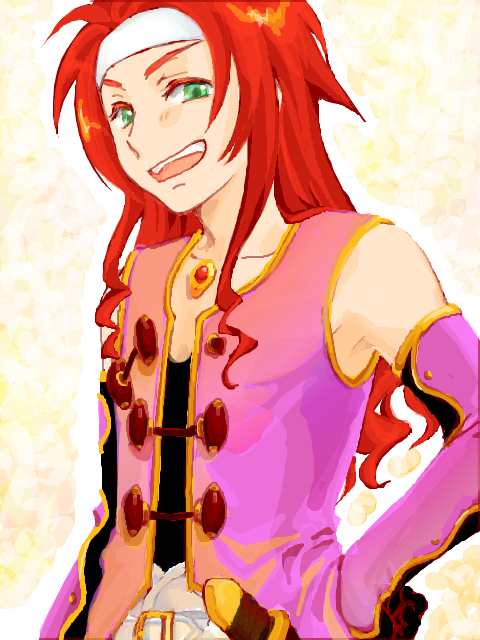 zelos wilder, tales of (series), tales of symphonia, 00s, 1boy, blue eyes, headband, long hair, male focus, oekaki, red hair, smile, solo