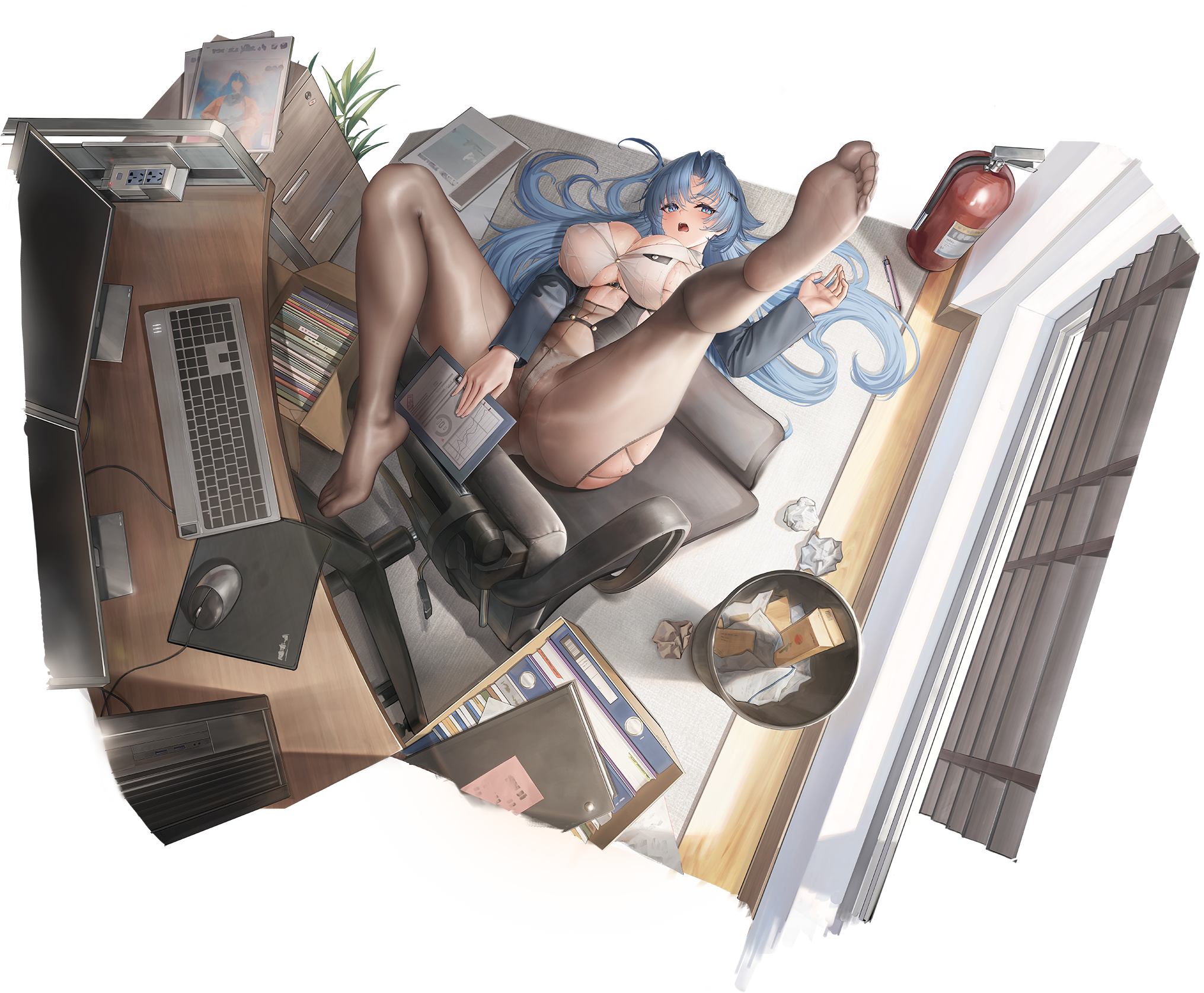 daiblos core, artist request, highres, 1girl, blue eyes, blue hair, book, breasts, chair, computer keyboard, computer mouse, desk, fallen down, feet, fire extinguisher, foot focus, holding, holding book, large breasts, long hair, monitor, open mouth, paper, pen, plant, poseidon (daiblos core), solo, swivel chair, trash can