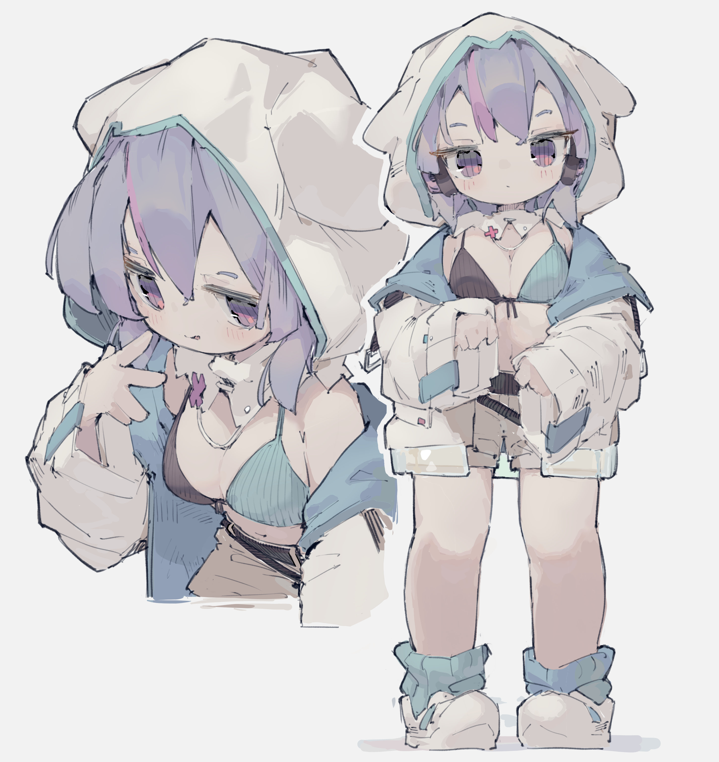 nep (nep 76), original, absurdres, commentary, highres, 1girl, :q, black bra, bra, breasts, cleavage, closed mouth, dated commentary, full body, green bra, green socks, hood, hood up, hooded jacket, jacket, light blush, long sleeves, medium breasts, navel, open clothes, open jacket, outline, purple hair, ribbed socks, shoes, short hair, shorts, simple background, socks, standing, tongue, tongue out, two-tone bra, underwear, white background, white jacket, white outline, white shoes, white shorts