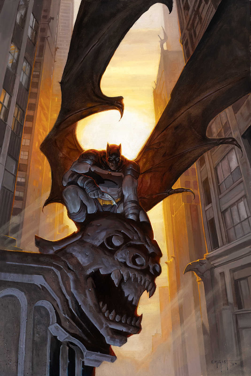 erik gist, batman, batman (series), dc comics, highres, 1boy, black male underwear, bodysuit, building, city, grey bodysuit, male underwear, outdoors, skyscraper, solo, squatting, sunset, underwear