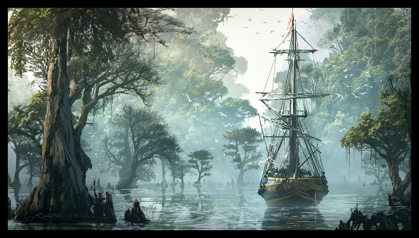 raphael-lacoste, assassin's creed (series), assassin's creed iv: black flag, commentary, english commentary, cloud, cloudy sky, flock, forest, lake, landscape, nature, painterly, plant roots, reflection, reflective liquid, sailing ship, scenery, signature, sky, tree, water, wetland