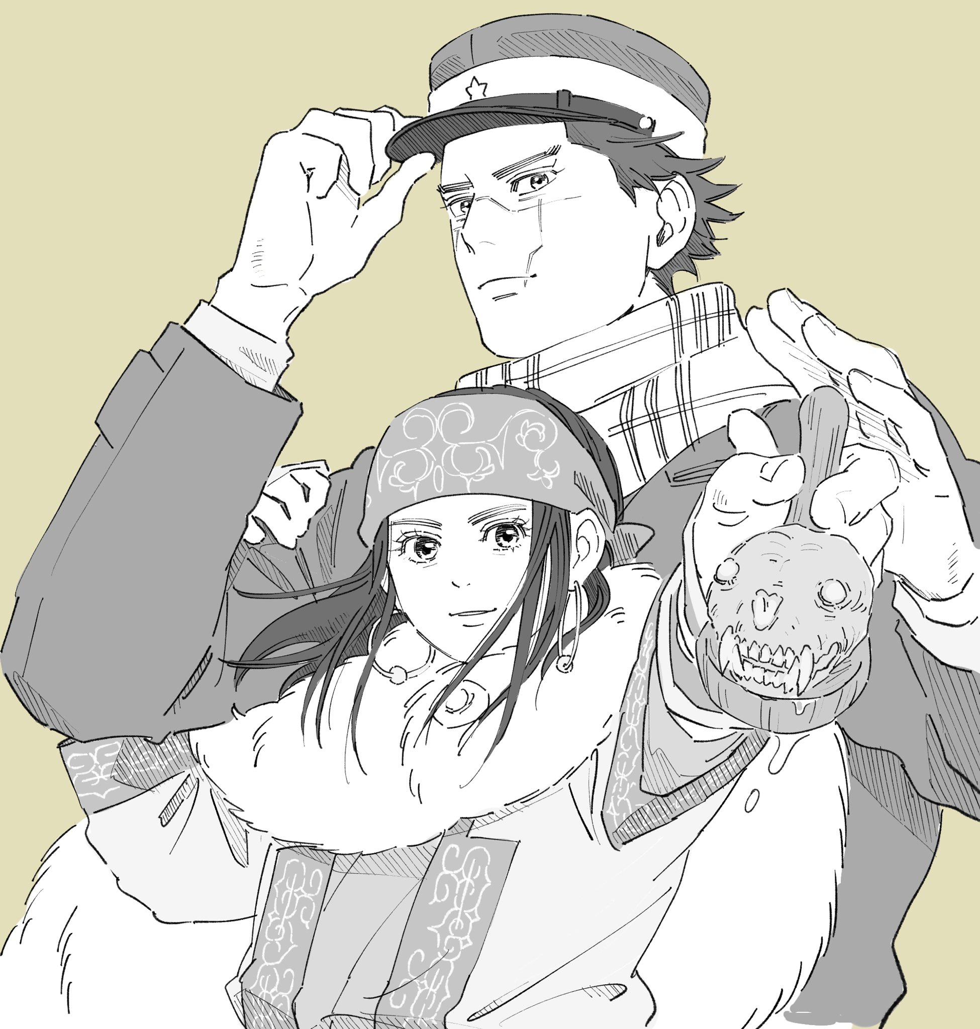 asirpa, sugimoto saichi, golden kamuy, highres, 1boy, 1girl, ainu clothes, cape, coat, cross scar, dakuonpu, earrings, facial scar, fur cape, greyscale, greyscale with colored background, hat, hat tip, headband, height difference, holding, holding spoon, hoop earrings, jewelry, military hat, monochrome, scar, scar on cheek, scar on face, scar on mouth, scar on nose, smile, spoon, star (symbol), yellow background