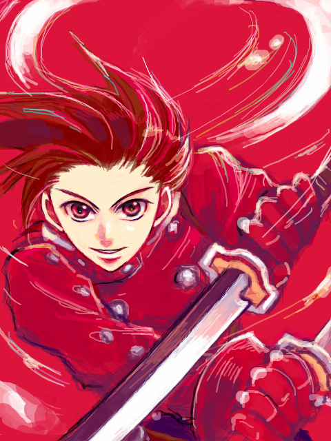 lloyd irving, tales of (series), tales of symphonia, 00s, 1boy, brown hair, gloves, male focus, red eyes, red theme, short hair, solo, sword, weapon