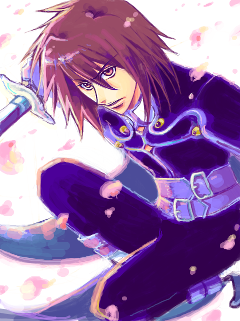 kratos aurion, tales of (series), tales of symphonia, 00s, 1boy, brown eyes, brown hair, cherry blossoms, kneeling, male focus, short hair, solo, sword, weapon, white background