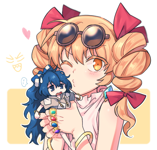re ghotion, yorigami jo'on, yorigami shion, touhou, commentary request, 2girls, blonde hair, blue eyes, blue hair, chibi, drill hair, eyewear on head, holding, hood, hoodie, jewelry, multiple girls, orange eyes, pout, ring, siblings, sisters, twin drills, yuri