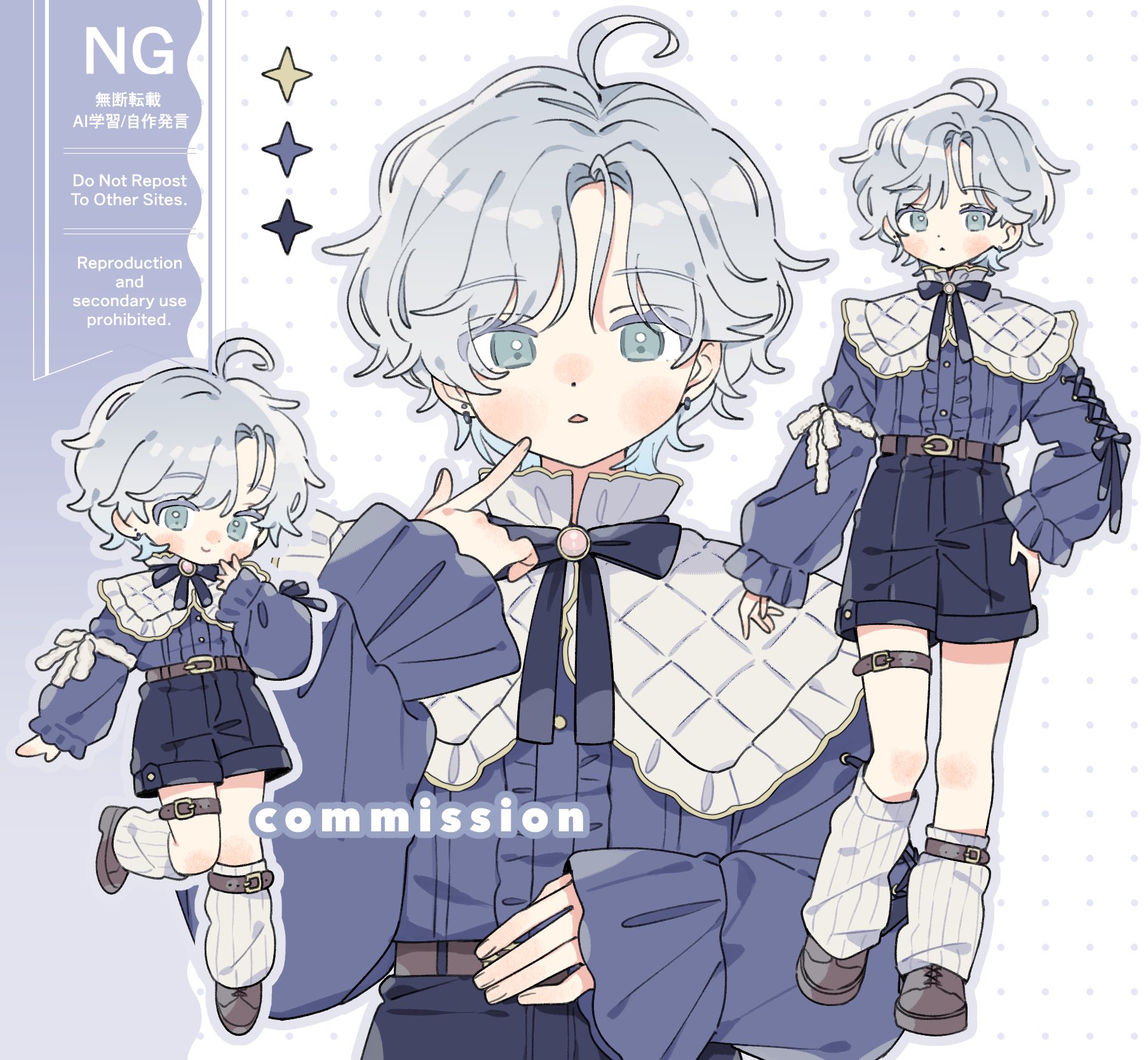 moi03 moi08, original, commentary, commission, highres, symbol-only commentary, 1boy, :<, ahoge, belt, black bow, black bowtie, black shorts, blue eyes, blue shirt, blush, bow, bowtie, brown shoes, center frills, closed mouth, cross-laced shoes, frills, full body, grey hair, grey outline, kneehighs, long sleeves, looking at viewer, male focus, multiple views, open mouth, outline, parted bangs, polka dot, polka dot background, shirt, shoes, short hair, shorts, smile, socks, solo, standing, thigh belt, thigh strap, watermark, white background, white socks