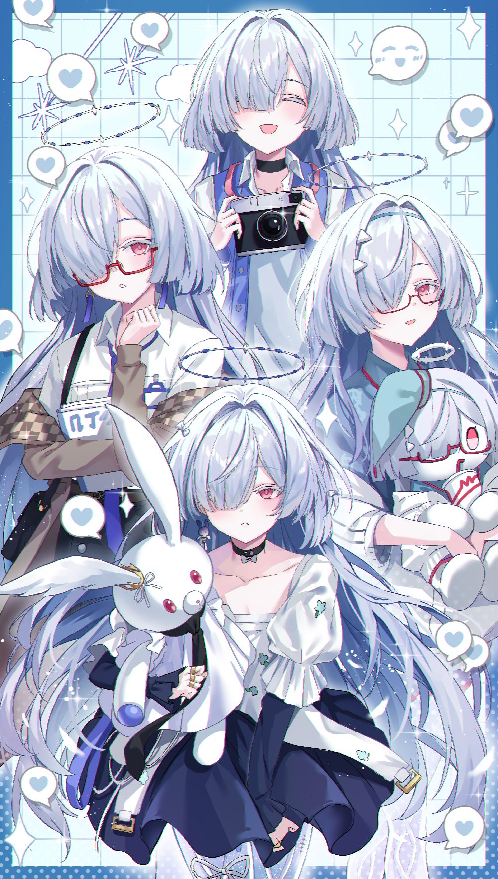 kuramoto beta-carotene, mornye (wuthering waves), wuthering waves, commentary request, highres, 1girl, black choker, black skirt, blue jacket, camera, choker, collarbone, colored eyelashes, earrings, facing viewer, glasses, grey hair, hair intakes, hair ornament, hair over one eye, halo, hand up, heart, holding, holding camera, id card, jacket, jewelry, long hair, looking at viewer, multiple rings, multiple views, official alternate costume, open mouth, parted lips, red-framed eyewear, ring, semi-rimless eyewear, shirt, skirt, smile, spoken expression, spoken heart, stuffed toy, tacet mark (wuthering waves), triangle earrings, under-rim eyewear, white shirt