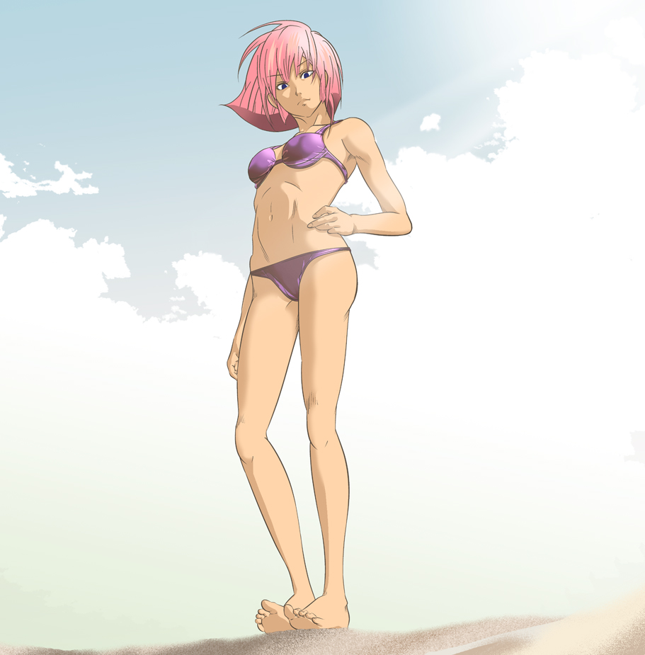 nino (pixiv), haman karn, gundam, gundam zz, zeta gundam, 1girl, barefoot, bikini, feet, female focus, pink hair, sand, short hair, soles, solo, swimsuit, toes