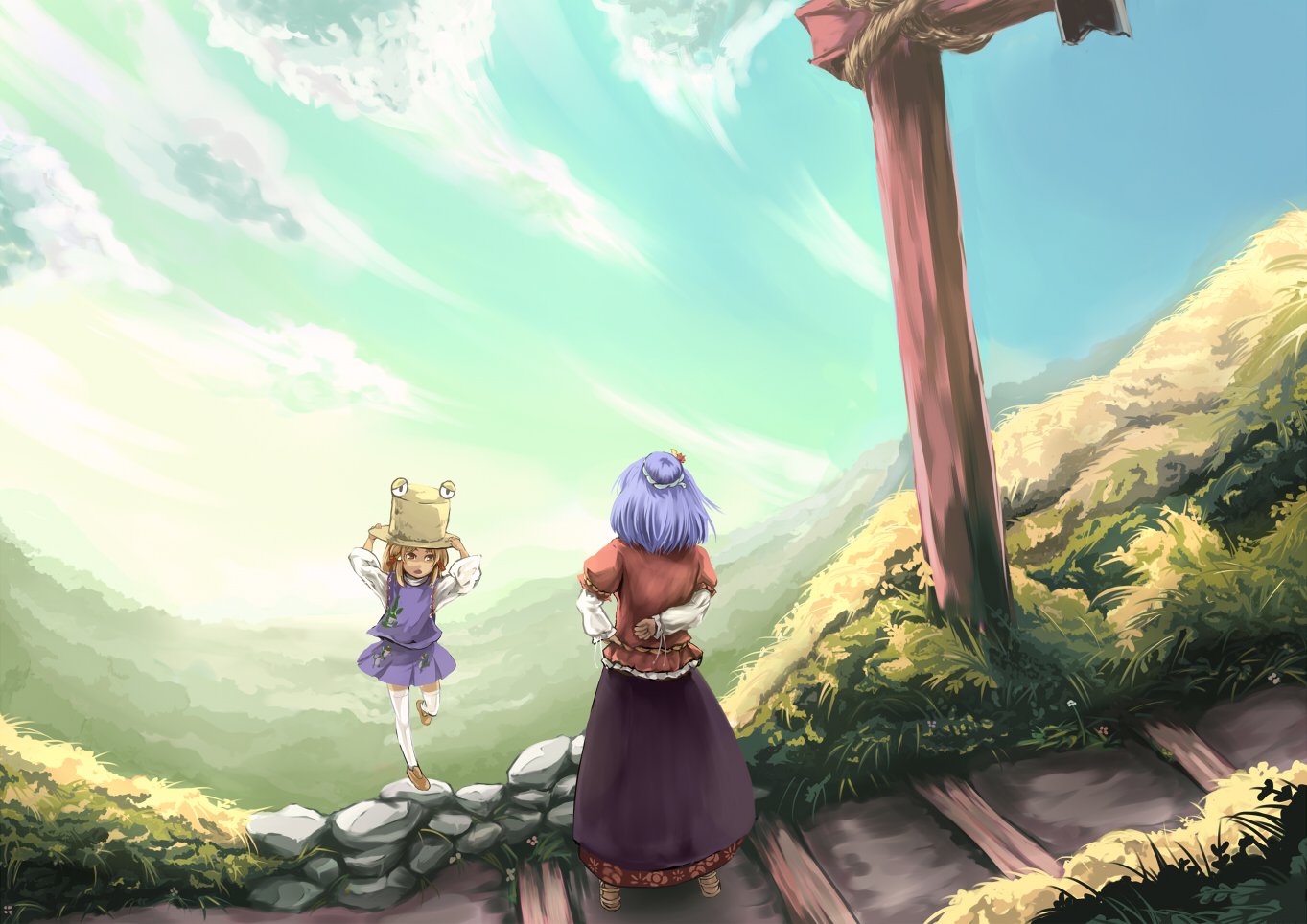 kouzilow, moriya suwako, pyonta, yasaka kanako, touhou, 2girls, arm behind back, blonde hair, cloud, day, female focus, hand on headwear, hat, layered sleeves, long sleeves, morning, multiple girls, purple hair, scenery, short hair, short over long sleeves, short sleeves, sky, stairs, standing, standing on one leg, sunlight, thighhighs, torii
