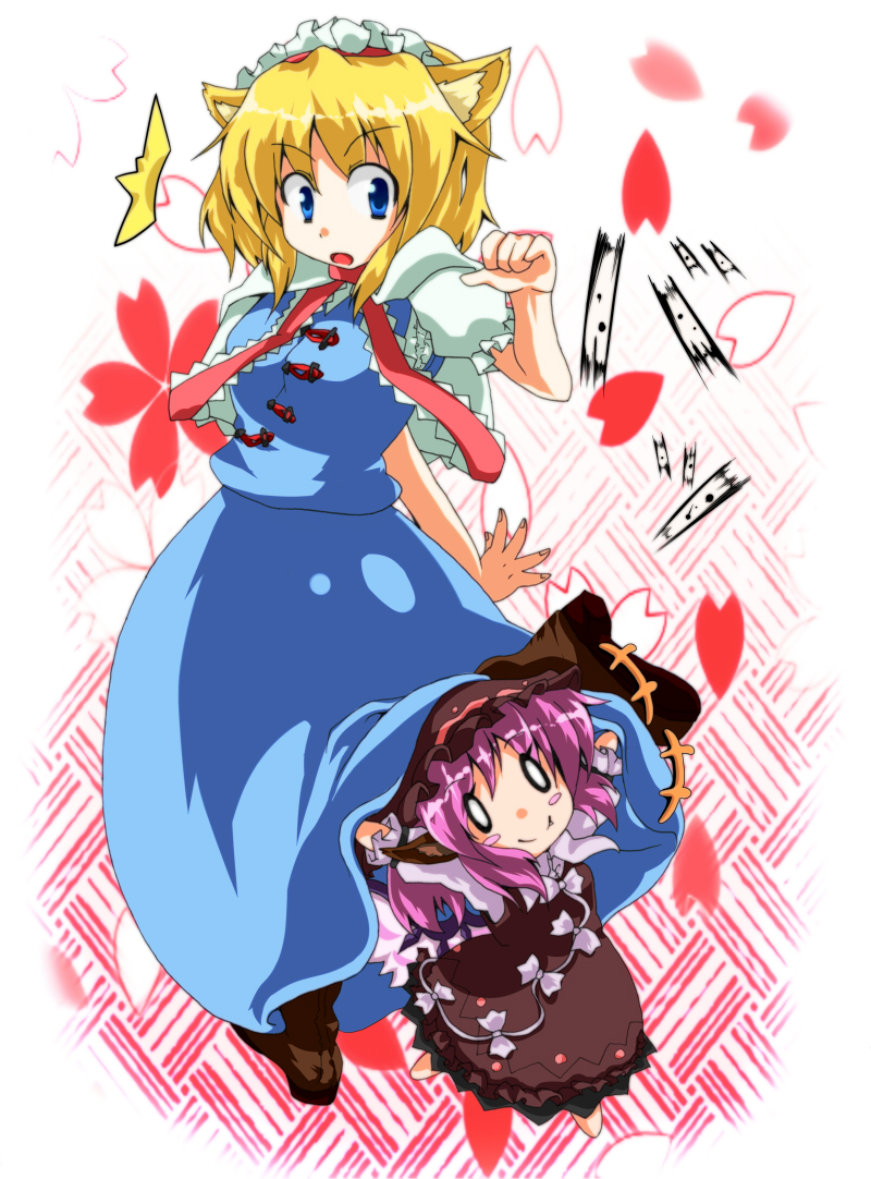 bajiru, alice margatroid, mystia lorelei, touhou, bad id, bad pixiv id, 2girls, animal ears, blonde hair, blue eyes, blush stickers, capelet, cat ears, cat girl, chibi, female focus, hairband, hat, kemonomimi mode, multiple girls, pink hair, short hair, wings