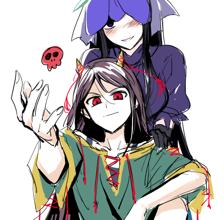 re ghotion, nippaku zanmu, yomotsu hisami, touhou, commentary request, 2girls, black gloves, black hair, blush, dress, elbow gloves, gloves, green shirt, hand on another's shoulder, horns, long hair, looking at viewer, multiple girls, offering hand, parted lips, purple dress, purple eyes, shirt, upper body, white background
