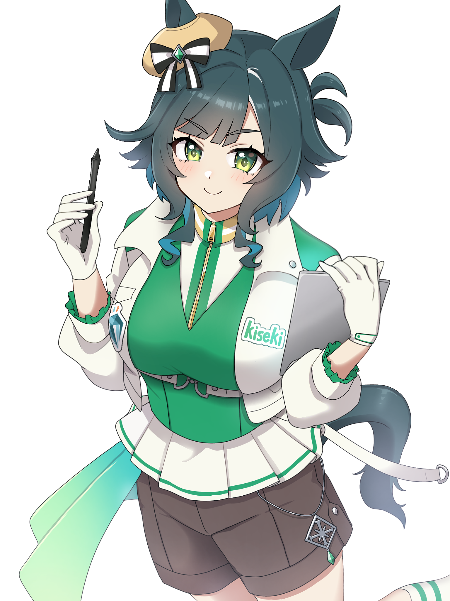 kiseki (umamusume), umamusume, commentary request, highres, 1girl, :>, blunt bangs, breasts, closed eyes, closed mouth, collarbone, gloves, green eyes, green hair, hat, large breasts, looking at viewer, medium hair, mtks119529 (user ykuf3382), shorts, simple background, smile, solo, stylus, tablet pc, white background