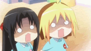 anzu (hanamaru youchien), hinagiku (hanamaru youchien), hanamaru youchien, animated, animated gif, lowres, 2girls, ahoge, black hair, blonde hair, brown hair, child, kindergarten, kindergarten uniform, long hair, multiple girls, o o, ribbon