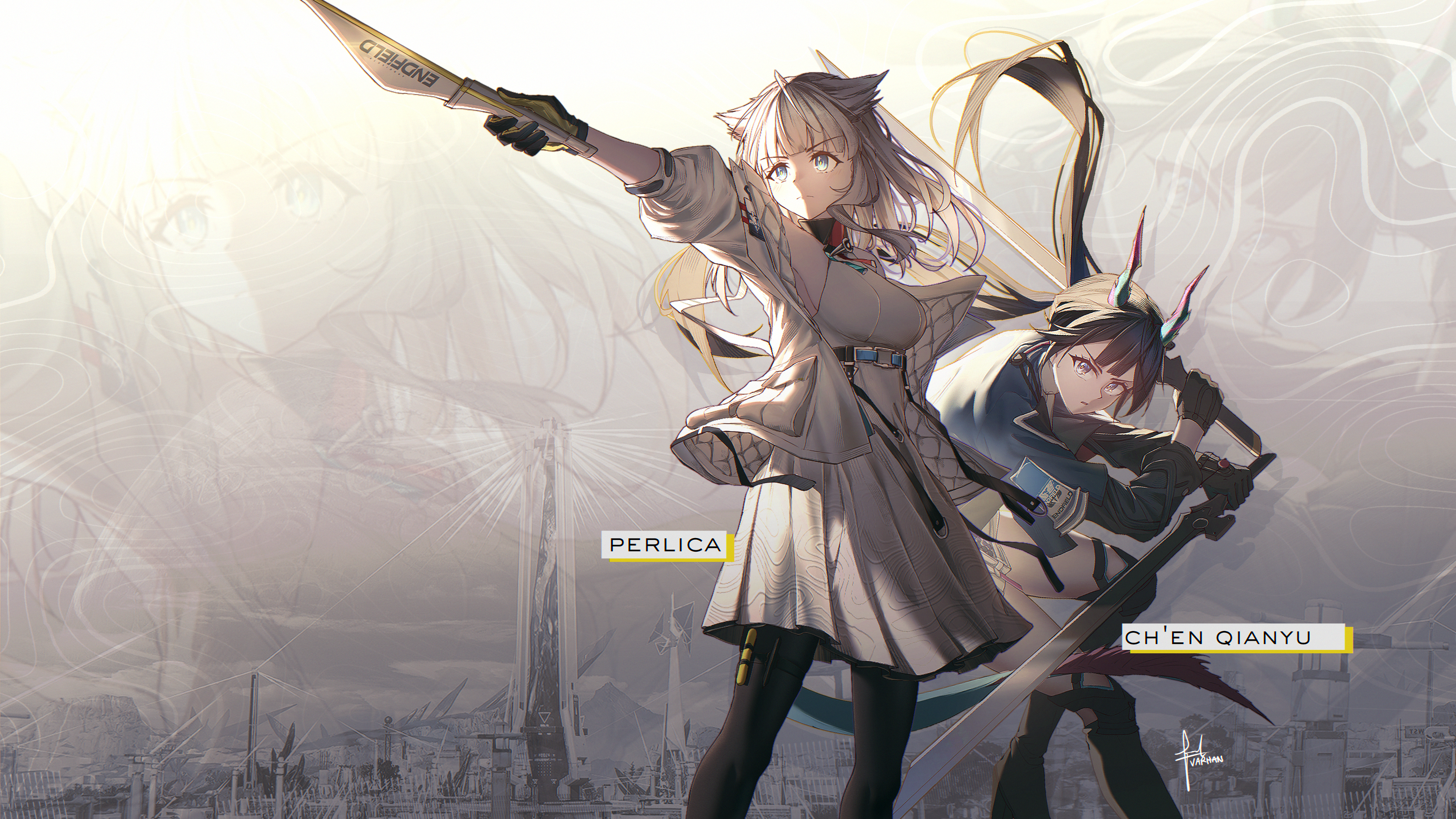 varhan zuhair, chen qianyu (arknights), perlica (arknights), arknights, arknights: endfield, death stranding, absurdres, commentary, english commentary, highres, 2girls, animal ears, artist name, belt, bird ears, bird girl, black gloves, black hair, black pantyhose, blue eyes, blue horns, blue tail, character name, closed mouth, copyright name, dragon girl, dragon horns, dragon tail, dress, dual wielding, feet out of frame, gloves, high belt, holding, holding sword, holding weapon, horns, jacket, long hair, long sleeves, looking at viewer, looking to the side, multicolored horns, multicolored tail, multiple girls, open clothes, open jacket, pantyhose, parody, parted lips, pink horns, red tail, signature, sleeveless, sleeveless dress, standing, sword, tail, title parody, weapon, white dress, white jacket