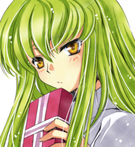 meimi k, c.c., code geass, lowres, 1girl, blush, female focus, gift, green hair, holding, holding gift, long hair, solo, yellow eyes