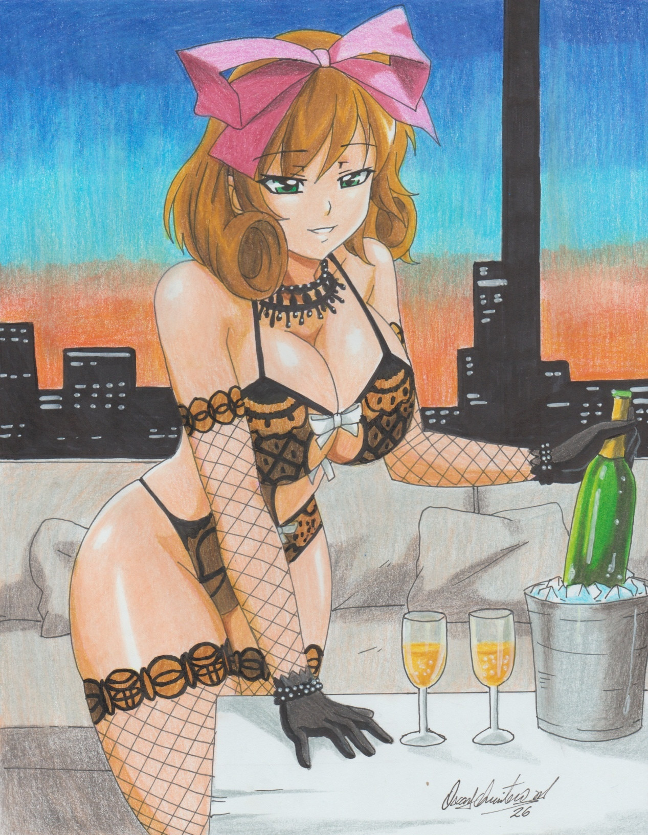 ravernclouk design, haruka (senran kagura), senran kagura, 1girl, bottle, breasts, brown hair, building, cleavage, cup, dawn, drinking glass, green eyes, hair ribbon, ice bucket, large breasts, leotard, lingerie, medium hair, pantyhose, ribbon, teeth, underwear, wine glass