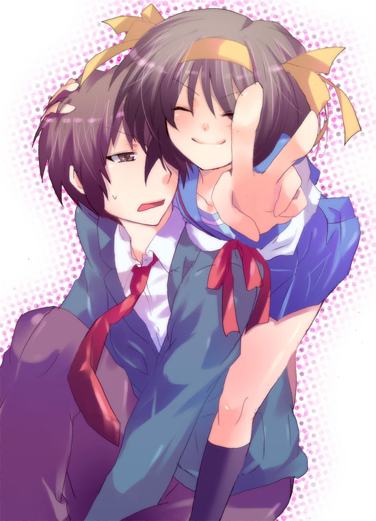 kurohara yuu, kyon, suzumiya haruhi, suzumiya haruhi no yuuutsu, 1boy, 1girl, brown eyes, brown hair, closed eyes, foreshortening, hair ribbon, hairband, ribbon, school uniform, serafuku, short hair, v