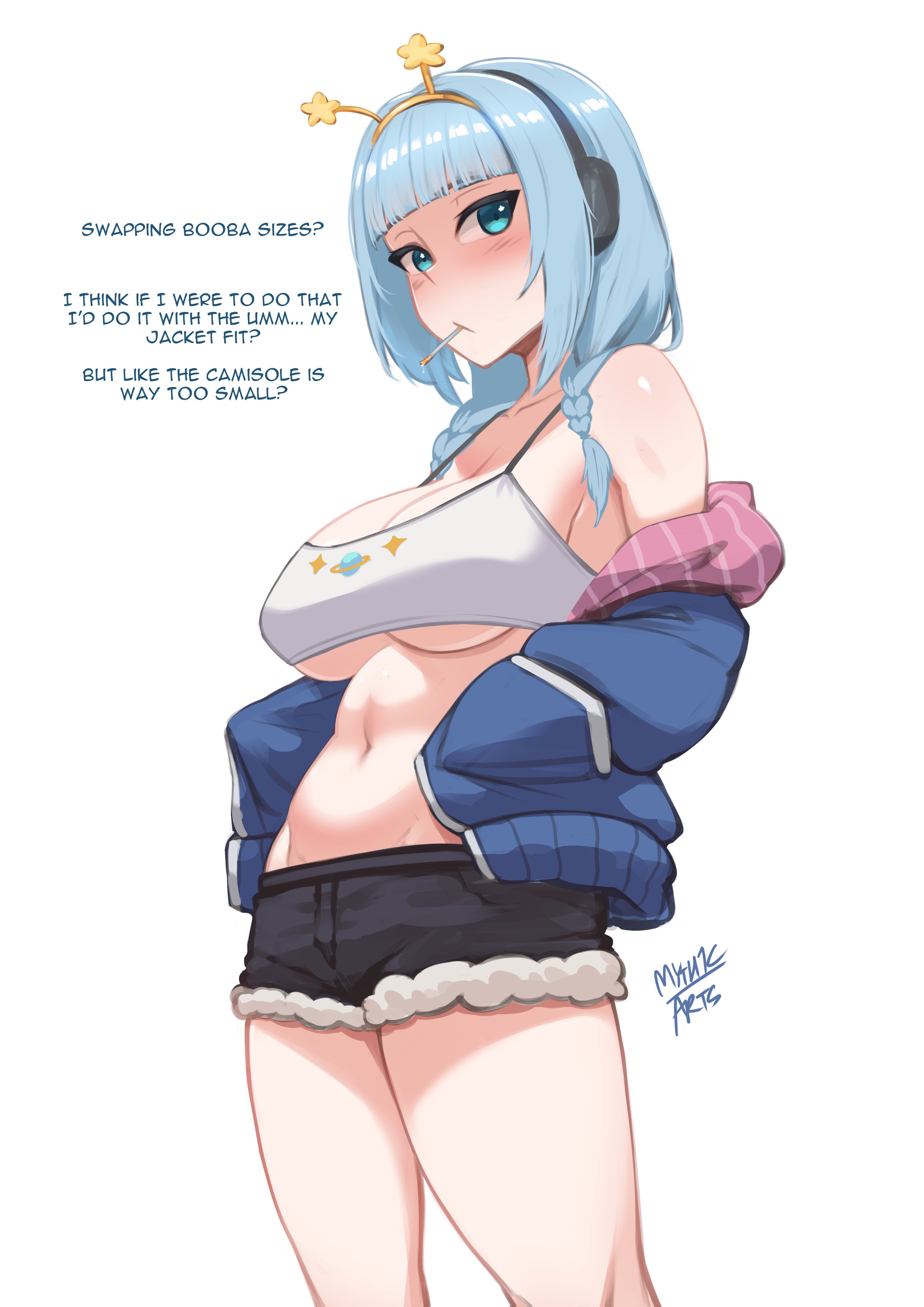 myth1carts, jelly hoshiumi, jelly hoshiumi (comfy), phase connect, tagme, 1girl, alternate breast size (larger), blue eyes, blue hair, blunt ends, braid, breasts, camisole, cleavage, crop top, hairband, headphones, jacket, jacket partially removed, large breasts, midriff, navel, short shorts, shorts, stomach, twin braids, underboob, virtual youtuber