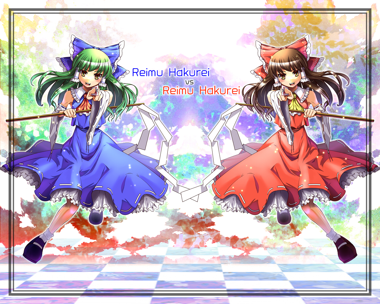 umigarasu (kitsune1963), hakurei reimu, phantasmagoria of flower view, touhou, 2girls, alternate color, bow, brown hair, detached sleeves, female focus, full body, gohei, hair bow, japanese clothes, long hair, miko, multiple girls, player 2, skirt, yellow eyes