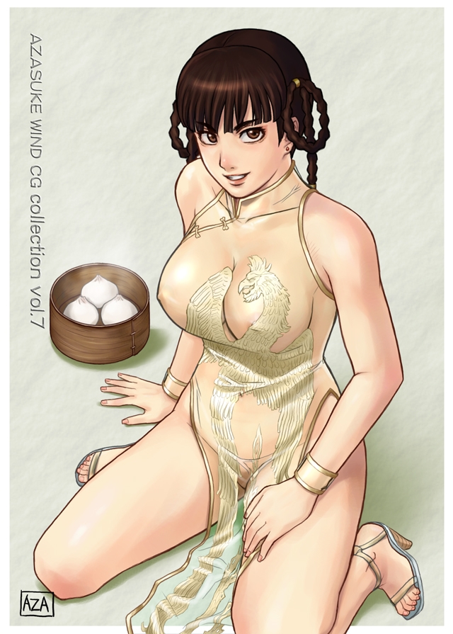 azasuke, lei fang, dead or alive, tecmo, 1girl, arm support, bare shoulders, braid, breasts, brown eyes, brown hair, china dress, chinese clothes, cuffs, dress, earrings, female focus, food, grin, jewelry, kneeling, nipples, no bra, no panties, sandals, see-through clothes, smile, solo, steamed bun, twin braids