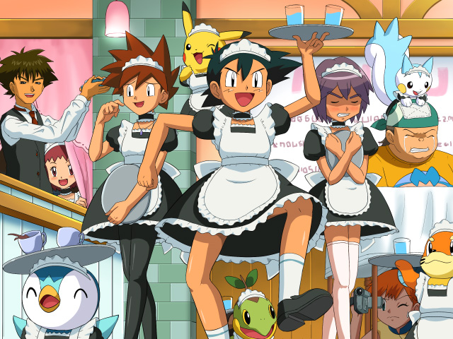 pokemoa, ash ketchum, autumn (pokemon), brock (pokemon), buizel, gary oak, marina (pokemon), misty (pokemon), pachirisu, paul (pokemon), pikachu, piplup, turtwig, nintendo, pokemon, pokemon (anime), pokemon dp062, pokemon dppt (anime), pokemon rse (anime), 2girls, 5boys, = =, ^ ^, alternate costume, angry, bandana, black hair, blush, brown hair, camcorder, child, choker, clenched teeth, closed eyes, clothed pokemon, crossdressing, crossed legs, drink, enmaided, female pervert, gen 1 pokemon, gen 4 pokemon, happy, indoors, jewelry, maid, maid headdress, multiple boys, multiple girls, necklace, one eye closed, open mouth, orange hair, otaku, pantyhose, pervert, pokemon (creature), purple hair, sitting, smile, socks, tears, teeth, thighhighs, video camera, voyeurism, wink, zettai ryouiki