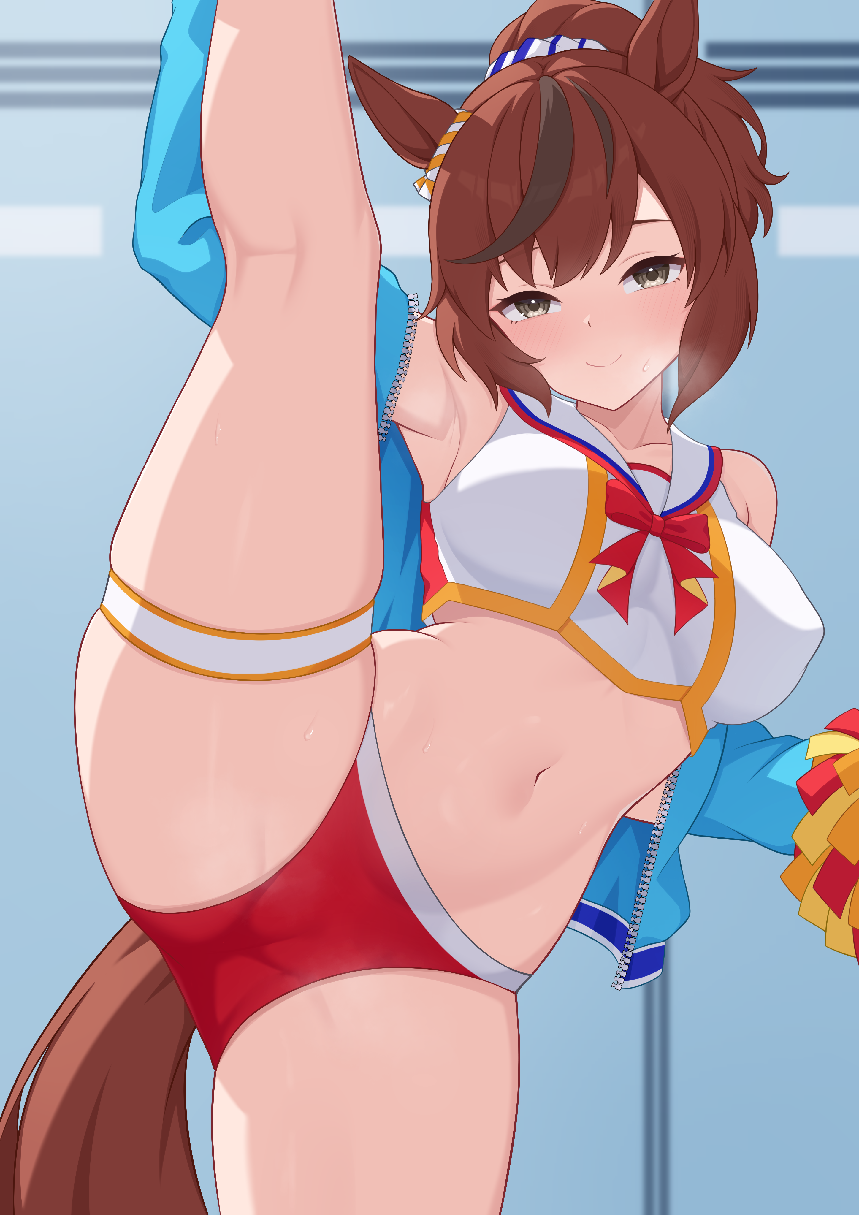 tsubame tien, nice nature (run&win) (umamusume), nice nature (umamusume), umamusume, absurdres, commentary request, highres, 1girl, animal ears, armpits, black streaks, blue jacket, bow, bowtie, breasts, brown hair, cheerleader, closed mouth, covered erect nipples, cropped shirt, grey eyes, holding, holding pom poms, horse ears, horse girl, horse tail, jacket, leg up, looking at viewer, medium breasts, navel, no pants, official alternate costume, official alternate hairstyle, panties, pom pom (cheerleading), pom poms, ponytail, red bow, red bowtie, red panties, sailor collar, shirt, short hair, smile, solo, split, standing, standing on one leg, standing split, stomach, tail, thigh strap, underwear, white sailor collar, white shirt
