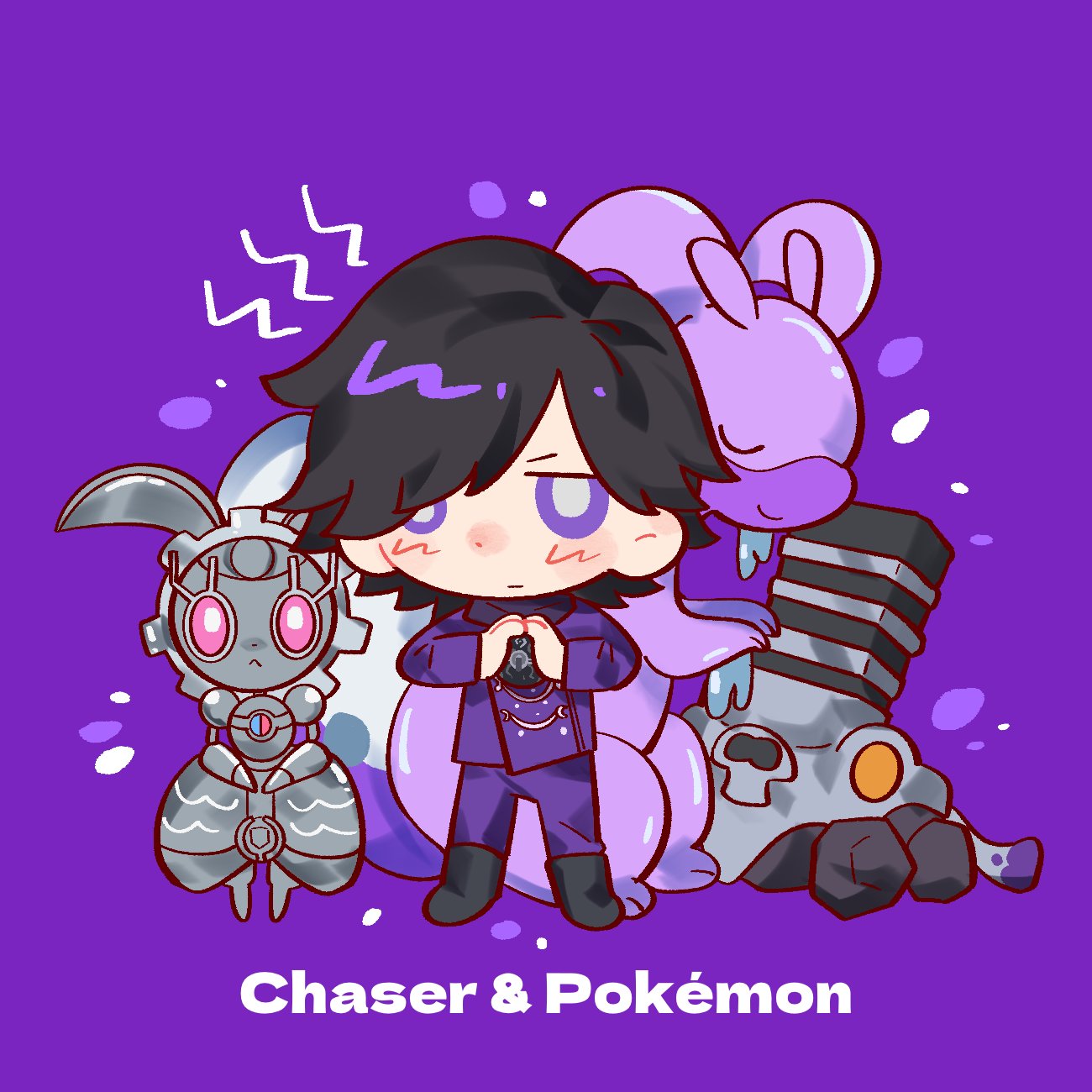 2786867956wuyu, chase (kamen rider drive), goodra, magearna, varoom, kamen rider, kamen rider drive (series), nintendo, pokemon, chinese commentary, commentary request, highres, 1boy, animification, black hair, bright pupils, closed eyes, closed mouth, crossover, full body, gen 6 pokemon, gen 7 pokemon, grey pupils, hands up, legendary pokemon, long sleeves, looking at viewer, male focus, mythical pokemon, pants, pokemon (creature), purple background, purple eyes, purple pants, short hair, standing