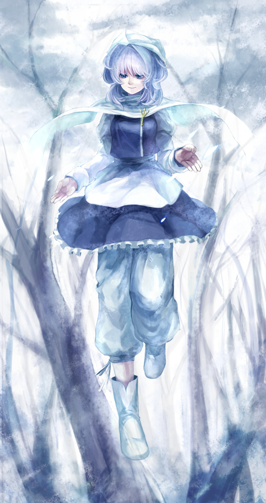 oburaato, letty whiterock, touhou, light purple hair, 1girl, apron, blue eyes, blue hair, boots, dress, female focus, floating, hat, long sleeves, matching hair/eyes, pants, scarf, short hair, sky, smile, solo, tree, turtleneck, white scarf, winter