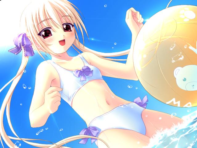 nonohara miki, shiina yusumi, hatsukoi, rune, game cg, jpeg artifacts, non-web source, 00s, 1girl, ball, beachball, bikini, blonde hair, blush, bow, child, female focus, flat chest, hair ribbon, happy, light rays, long hair, navel, ocean, open mouth, red eyes, ribbon, sky, smile, solo, summer, sun, sunbeam, sunlight, swimsuit, twintails, water