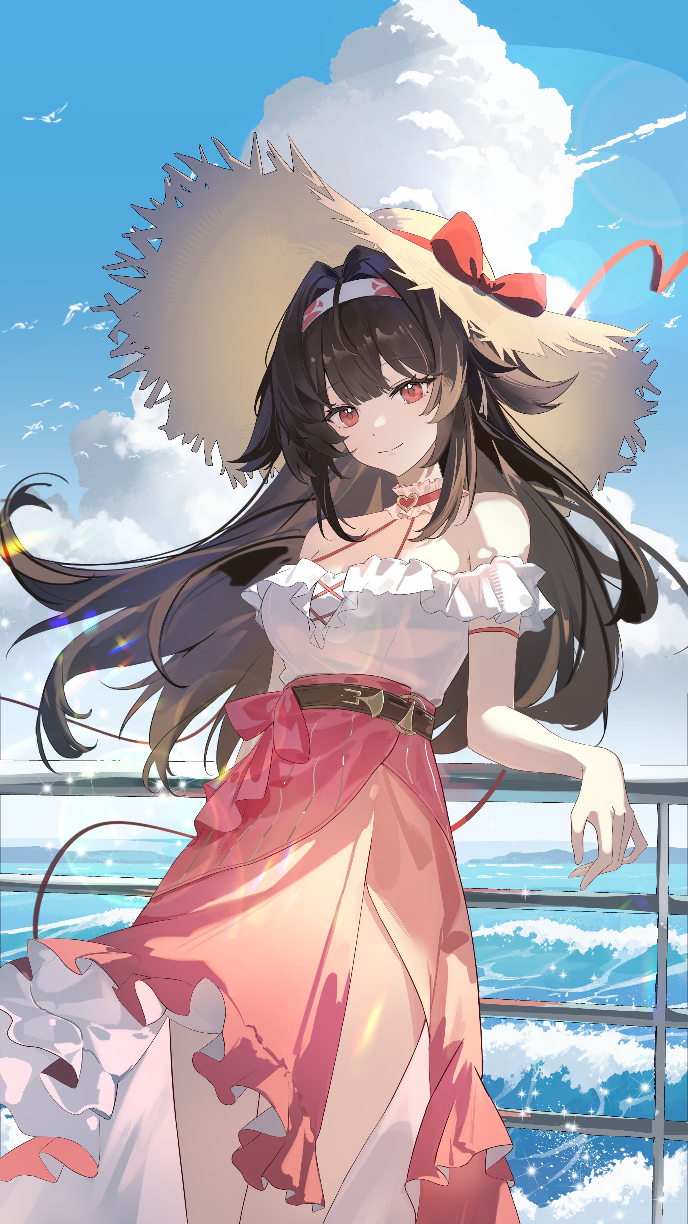 varlyn, ye shunguang, ye shunguang (touch of dawnlight), zenless zone zero, absurdres, commentary request, highres, 1girl, against railing, animal ear fluff, animal ears, bare shoulders, blue sky, breasts, brown hair, cleavage, closed mouth, cloud, cross-laced clothes, cross-laced top, droopy ears, floating hair, frilled shirt, frilled shirt collar, frills, hairband, hat, hat ribbon, high-waist skirt, large breasts, long hair, long skirt, looking at viewer, multicolored hairband, off-shoulder shirt, off shoulder, official alternate costume, outdoors, railing, red eyes, red hairband, red ribbon, red skirt, ribbon, shirt, skirt, sky, smile, solo, sun hat, very long hair, white hairband, white shirt