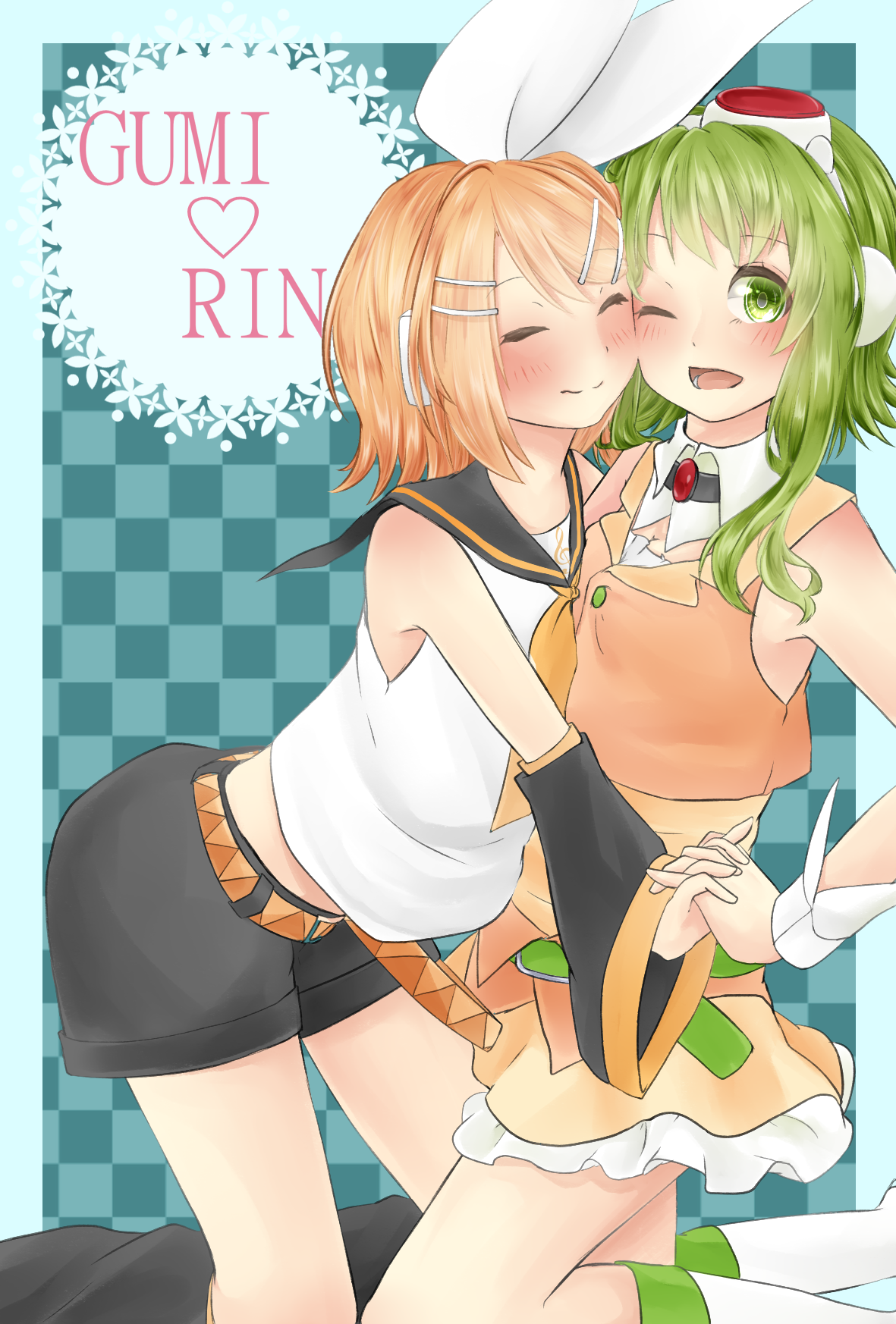 eshe mr, gumi, kagamine rin, vocaloid, commentary request, highres, 2girls, black leg warmers, black sailor collar, black shorts, blonde hair, blush, bow, character name, closed eyes, closed mouth, earphones, frilled skirt, frills, goggles, goggles on head, green eyes, green hair, green skirt, green vest, hair bow, hair ornament, hairclip, headphones, heart, high heels, interlocked fingers, leg warmers, multiple girls, one eye closed, sailor collar, shirt, short hair, shorts, skirt, sleeveless, sleeveless shirt, smoke, socks, split mouth, vest, white bow, white shirt, white socks, yuri