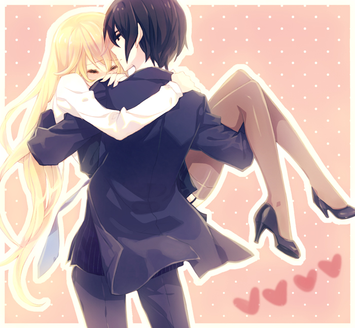 kumu (homoid), heiwajima kasuka, heiwajima shizuo, durarara!!, bad id, bad pixiv id, gender request, 1boy, 1girl, blonde hair, carrying, garter straps, genderswap, heart, high heels, legs, long hair, princess carry, short hair, thighhighs