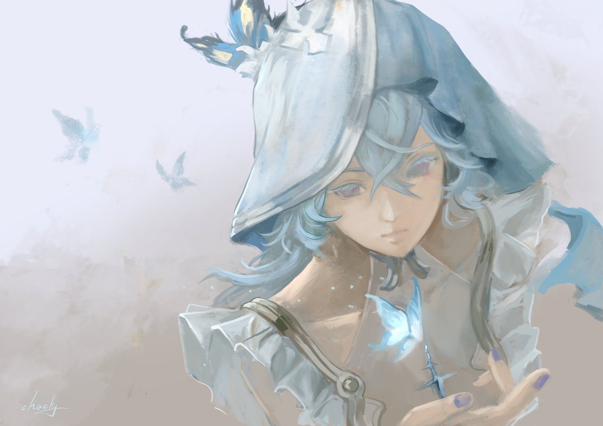 chucky (chucky1000sun), shorekeeper (wuthering waves), wuthering waves, commentary, 1girl, blue butterfly, blue hair, blue nails, blue veil, bug, butterfly, closed mouth, colored eyelashes, hair between eyes, hand up, insect, long hair, nail polish, purple eyes, solo, two-tone veil, upper body, veil, white veil