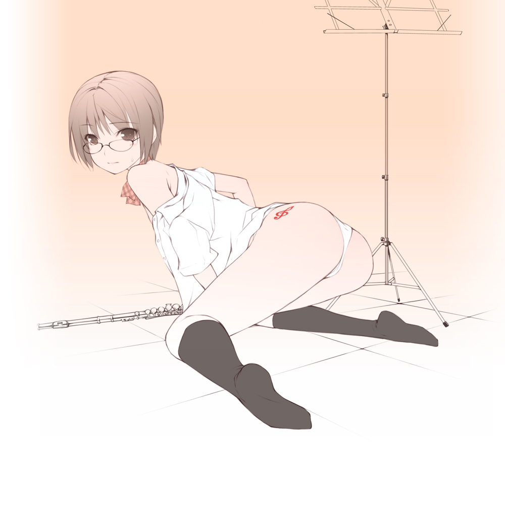 ooji, original, 1girl, ass, bottomless, brown eyes, brown hair, feet, female focus, flute, glasses, instrument, kneeling, music stand, no pants, off shoulder, panties, school uniform, short hair, socks, solo, sweatdrop, treble clef, underwear, white panties
