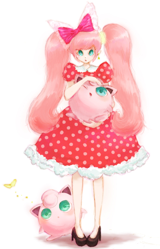 nazumu, jigglypuff, nintendo, pokemon, bad id, bad pixiv id, 1girl, dress, gen 1 pokemon, long hair, personification, pink hair, pokemon (creature), twintails