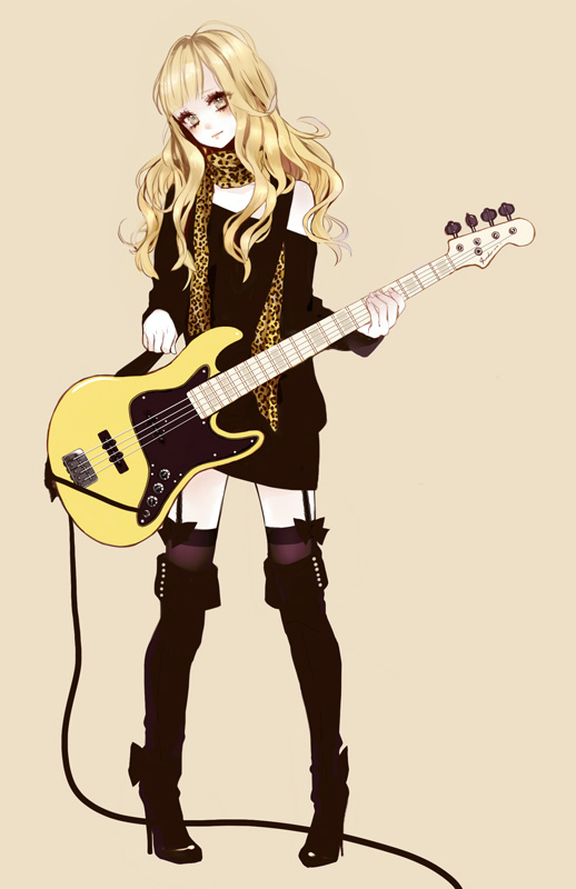 shikishima (eiri), original, bad id, bad pixiv id, 1girl, animal print, bass guitar, blonde hair, blush, boots, bow, electric guitar, female focus, garter belt, garter straps, guitar, high heel boots, high heels, instrument, leopard print, long hair, looking at viewer, pigeon-toed, scarf, simple background, solo, standing, stiletto heels, thigh boots, thighhighs, wavy hair, yellow eyes, zettai ryouiki