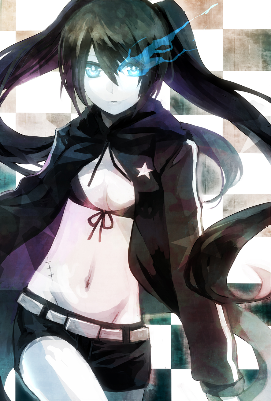 shion (kizuro), black rock shooter (character), black rock shooter, bad id, bad pixiv id, highres, 10s, 1girl, bikini, bikini top only, black hair, blue eyes, coat, female focus, glowing, glowing eyes, long hair, navel, shorts, solo, swimsuit, twintails