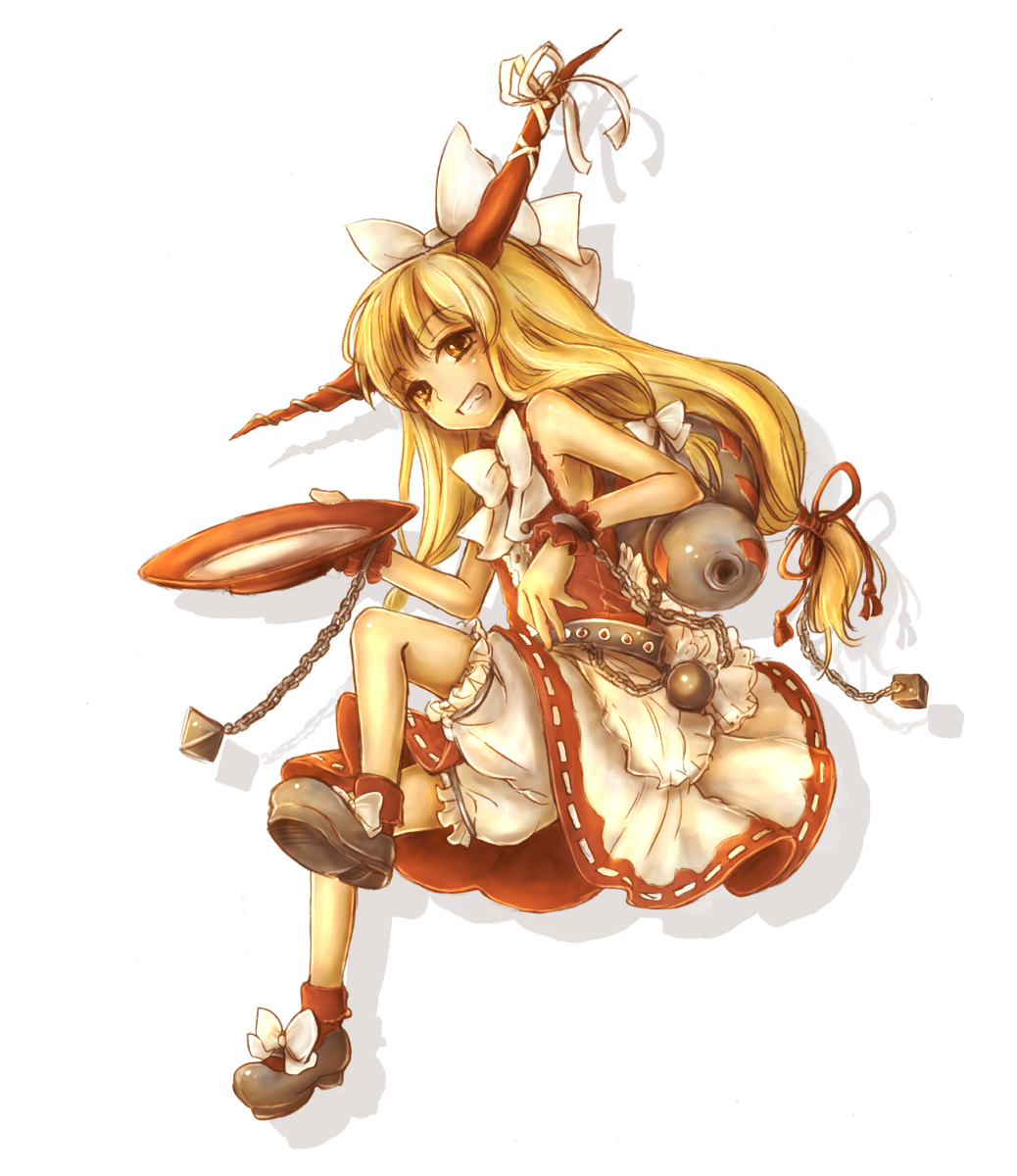 amano jack, ibuki suika, touhou, bad id, bad pixiv id, highres, 1girl, alcohol, blonde hair, bow, chain, female focus, horns, long hair, sake, solo
